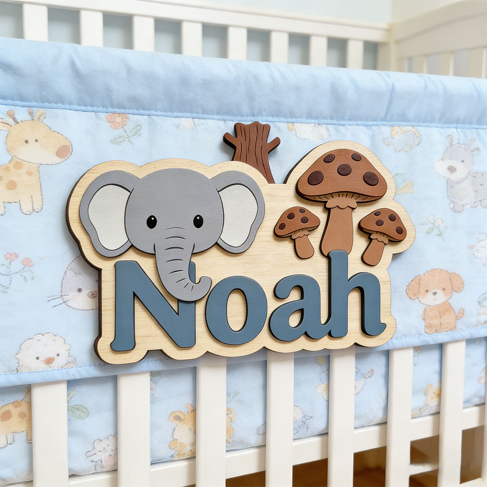 Baby Nursery Themes Boy - Aanpasbare cartoon olifant & paddenstoel naamplaatje