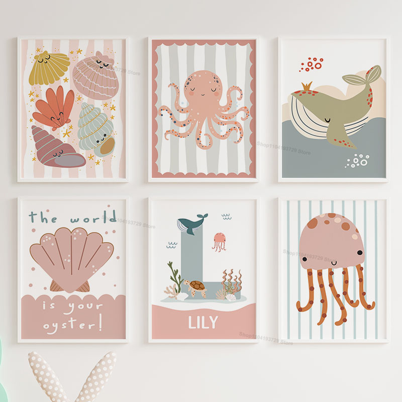Baby Nursery Name Wall Art - Cartoon Walvis Octopus Kwallen Sint-jakobsschelp Aangepaste