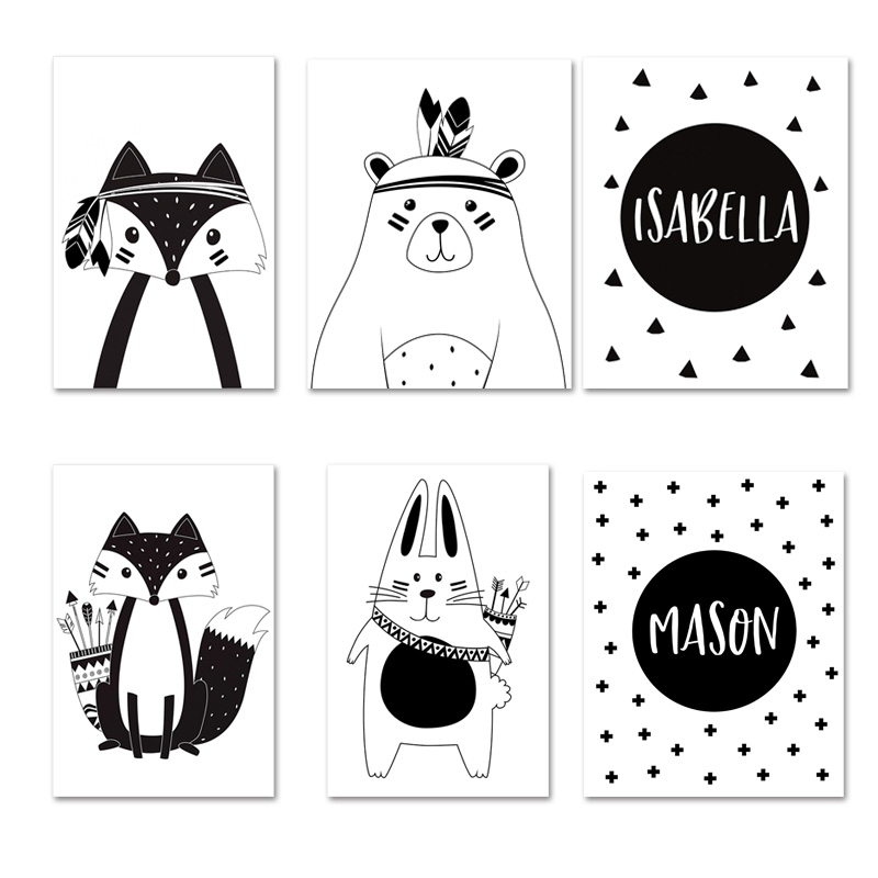Baby Nursery Name Wall Art - Zwart Wit Cartoon Beer Konijn Babykamer