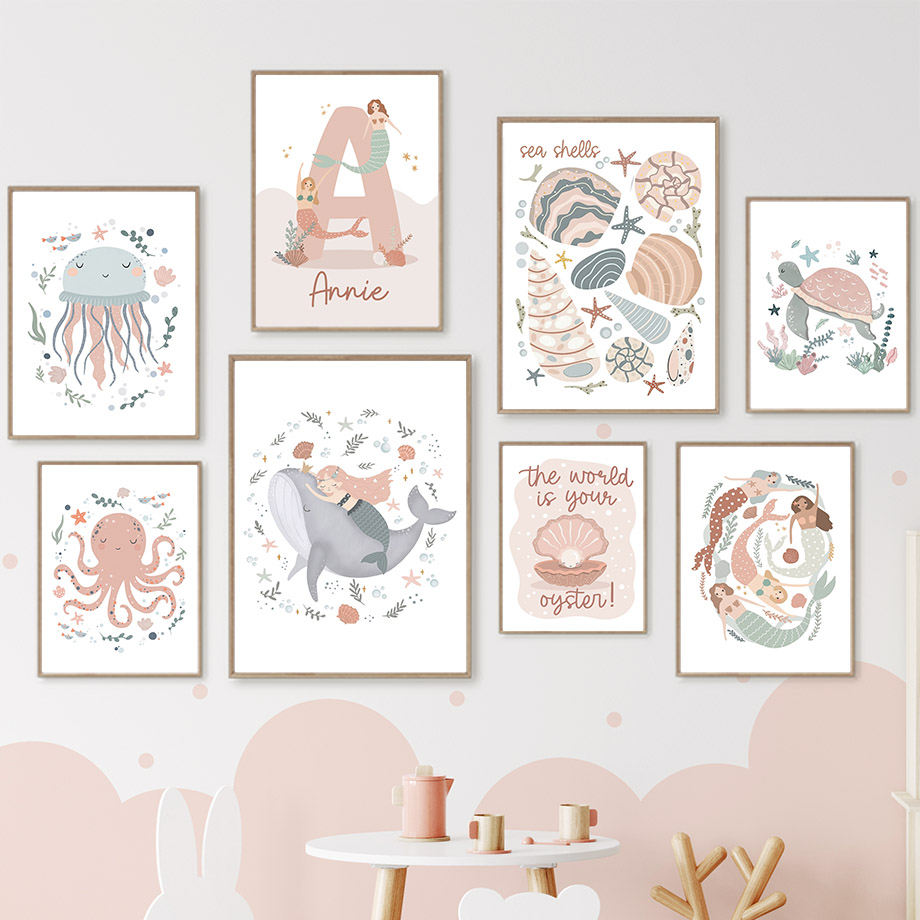 Baby Nursery Name Wall Art - Cartoon Zee Dieren Walvis Zeemeermin Aangepaste