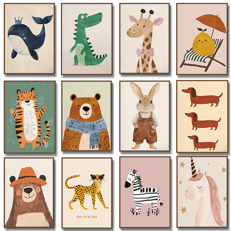 Baby Nursery Room - Schattige dierenillustratie poster eenhoorn beer tijger