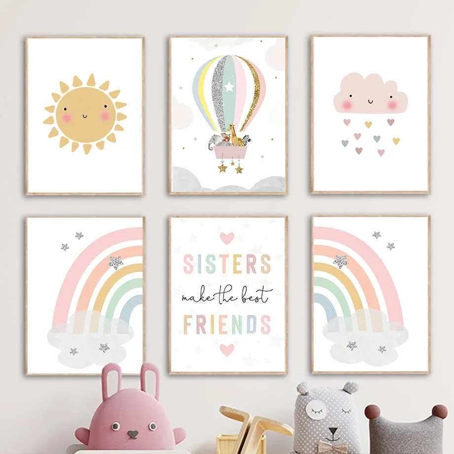Baby Nursery Name Wall Art - Giraffe Olifant Heteluchtballon Zon Regenboog Kinderkamer