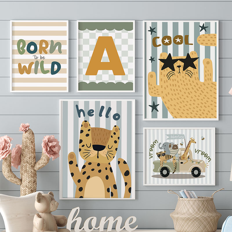 Baby Nursery Name Wall Art - Kawaii Tijger Leeuw Giraf Auto Aangepaste