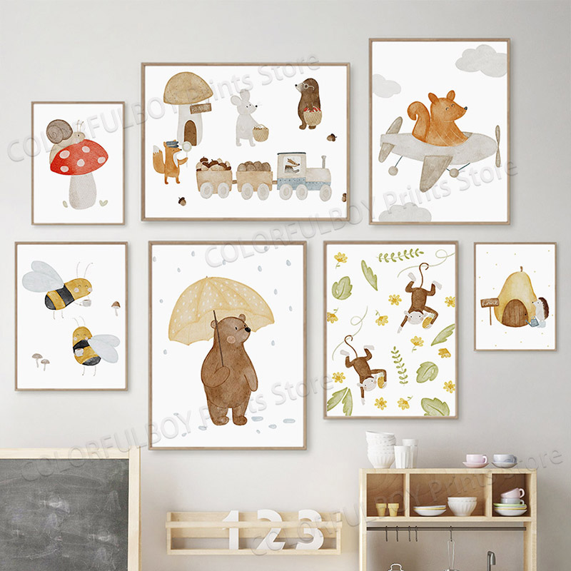 Baby Nursery Animal Pictures - Boho Dieren Beer Konijn Egel Aap