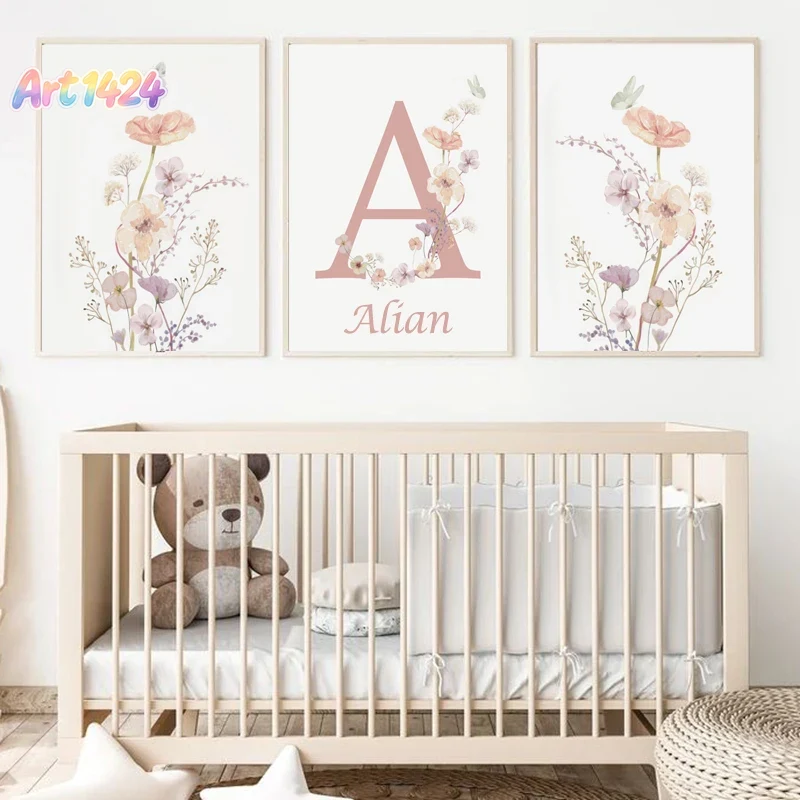 Baby Nursery Name Wall Art - Gepersonaliseerde Naam Wildflower Kinderkamer Decoratie Poster