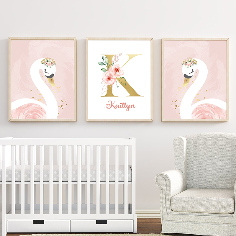 Baby Nursery Name Letters - Roze Kroon Zwaan Gouden Aangepaste Baby
