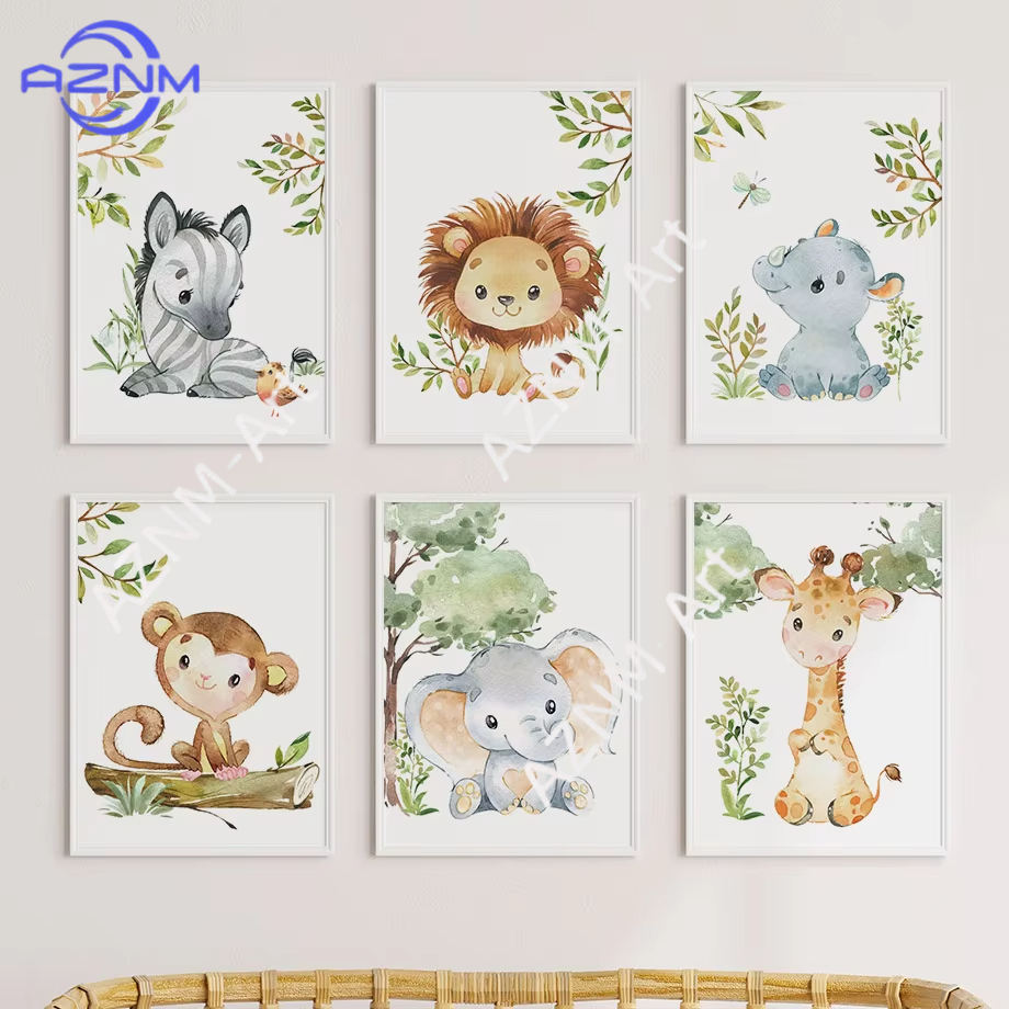 Baby Nursery Room - 1/6pcs aquarel dier kinderkamer poster leeuw