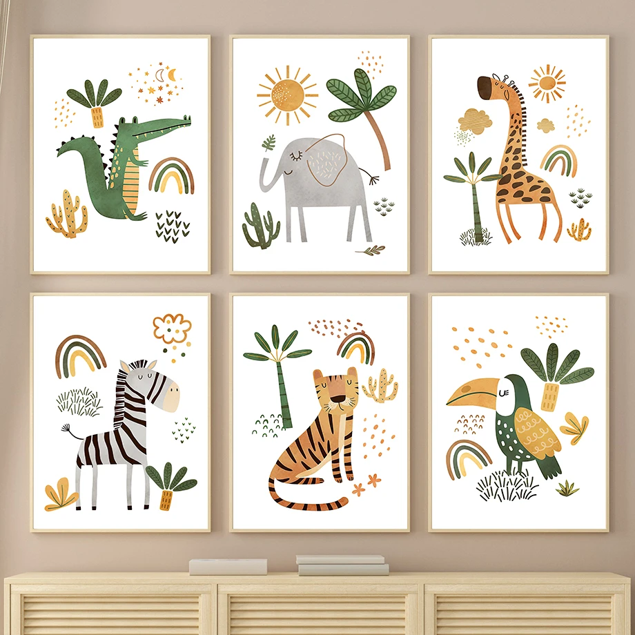 Baby Nursery Animal Pictures - Giraffe Olifant Tijger Zebra Toekan Jungle