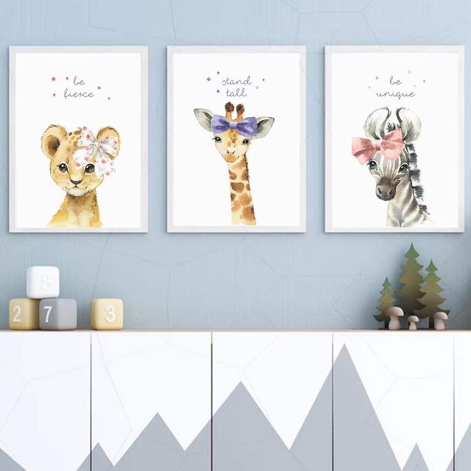 Baby Nursery Animal Pictures - Leeuw Zebra Giraffe Olifant Nijlpaard Bloem