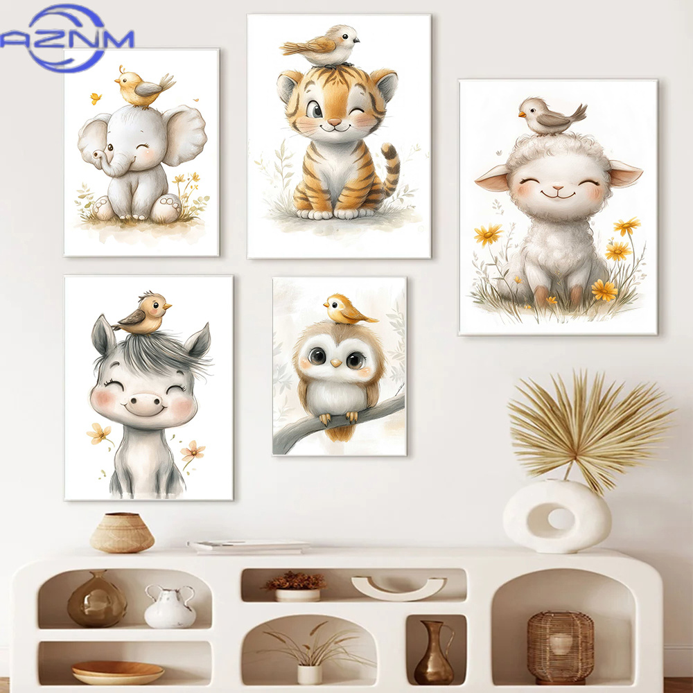 Baby Nursery Animal Pictures - AZNM Boho-stijl Cartoon Dierenillustraties Posters Prints