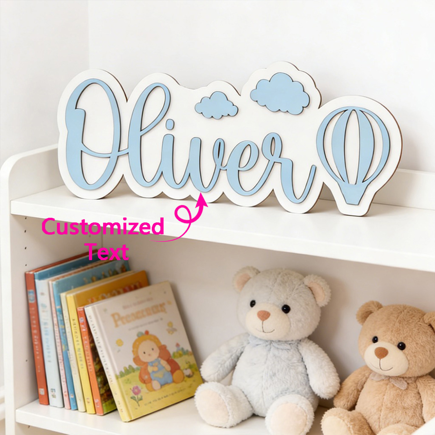 Baby Nursery Room - Gepersonaliseerde warmeluchtballon & wolk naamkamerbord, aanpasbaar