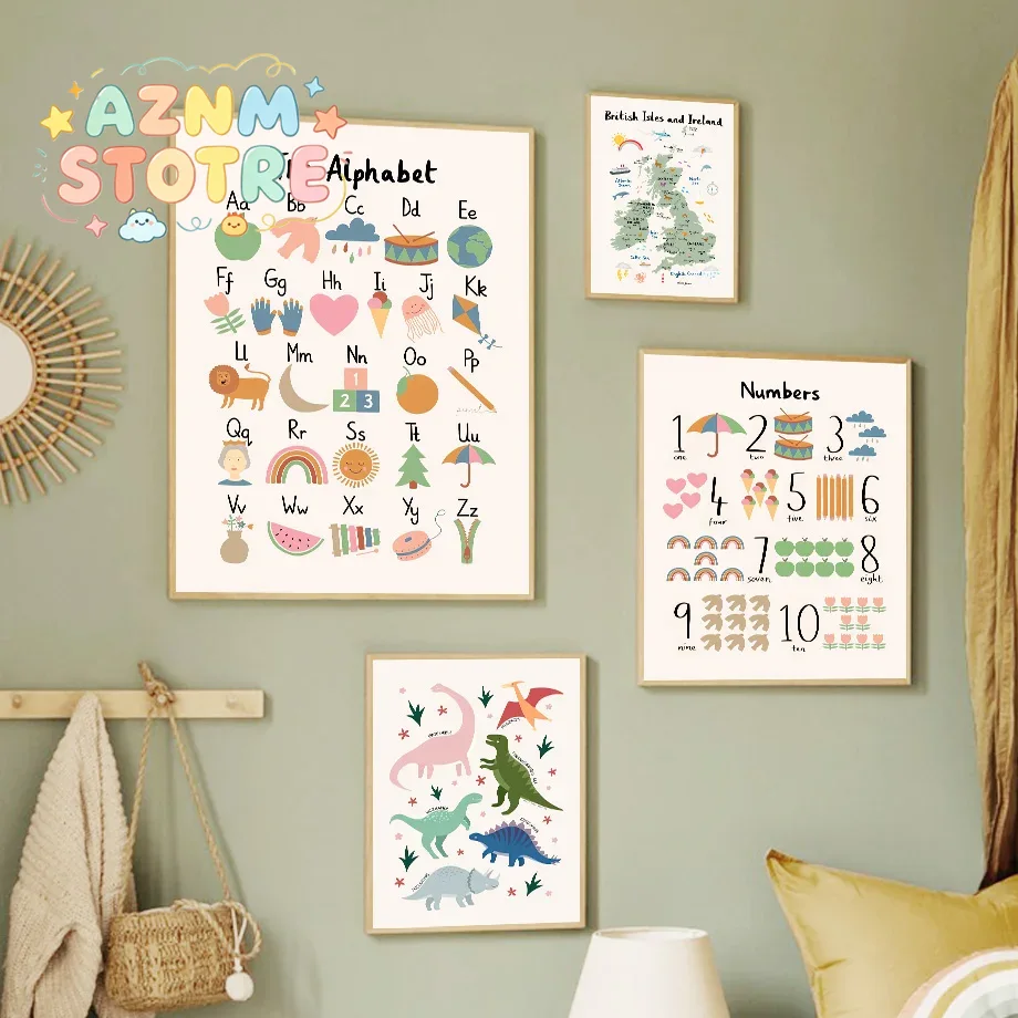 Baby Nursery Ideas - Dierenwereldkaart Dinosaurus Alfabet Nummer Canvas Wandkunst