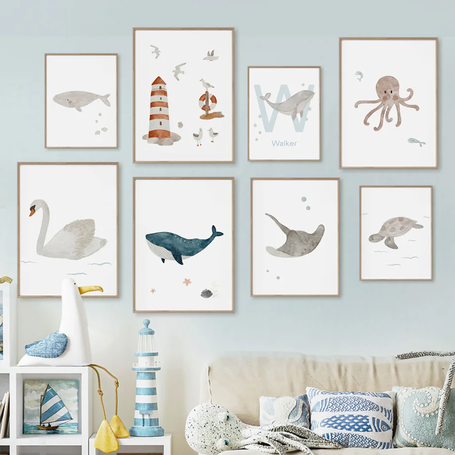 Baby Nursery Name Wall Art - Aangepaste naam walvis octopus schildpad zwaan