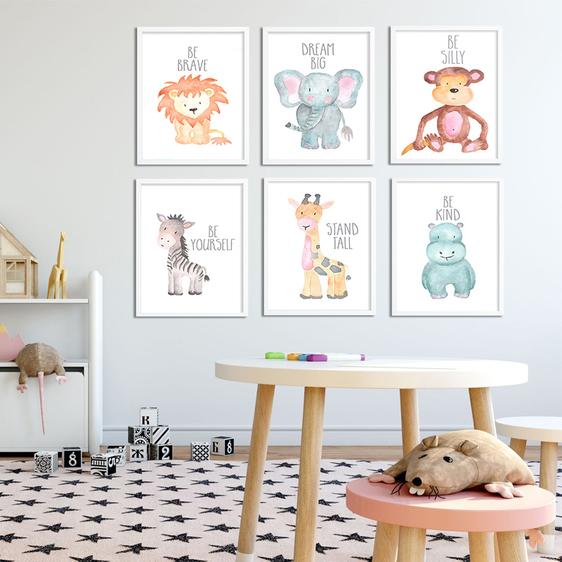 Baby Nursery Animal Pictures - Baby Dier Leeuw Olifant Giraffe Canvas