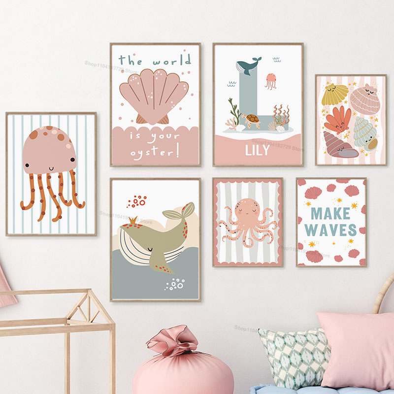 Cartoon Walvis Octopus Kwallen - Baby Nursery Name Wall Art recensie en prijs