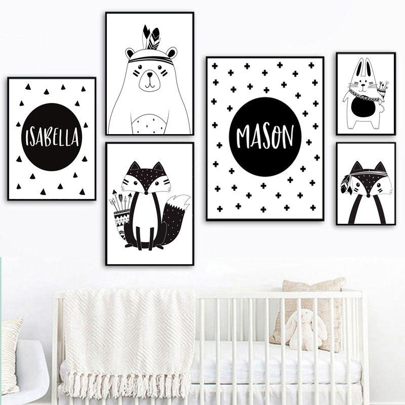 Zwart Wit Cartoon Beer Konijn  - Baby Nursery Name Wall Art recensie en prijs