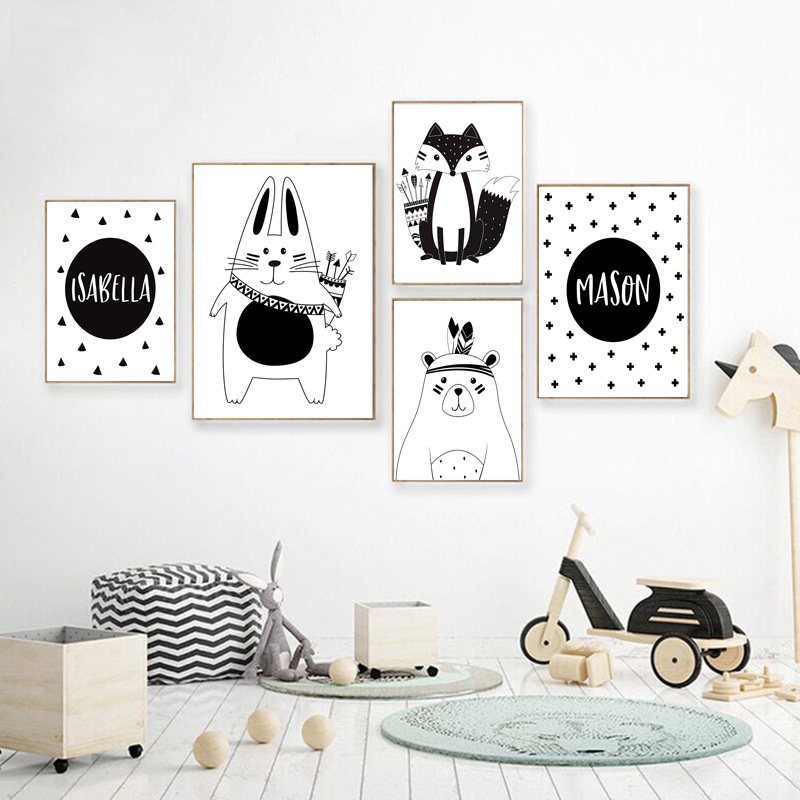 Zwart Wit Cartoon Beer Konijn  - Baby Nursery Name Wall Art recensie en prijs