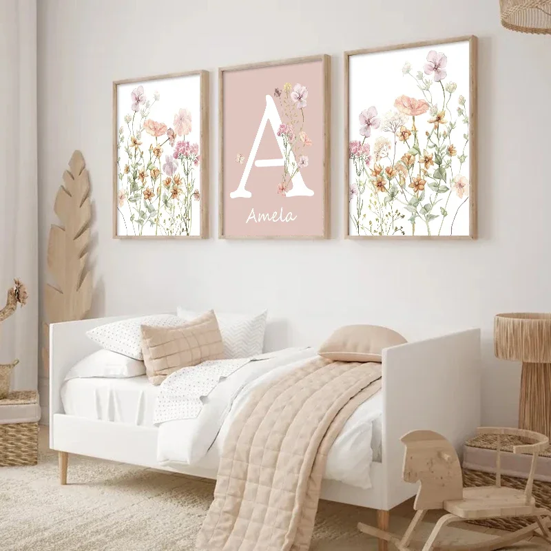 Roze wilde bloemen meisjesname - Baby Nursery Name Wall Art recensie en prijs