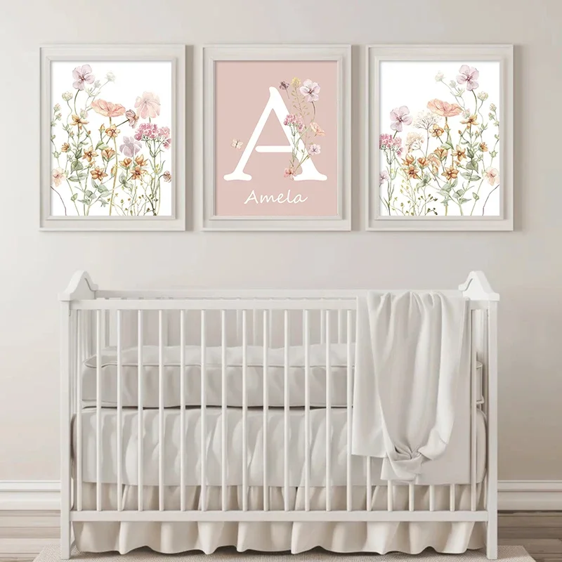 Roze wilde bloemen meisjesname - Baby Nursery Name Wall Art recensie en prijs