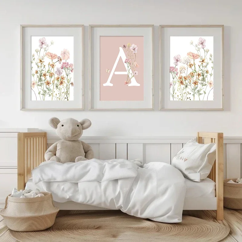 Roze wilde bloemen meisjesname - Baby Nursery Name Wall Art recensie en prijs